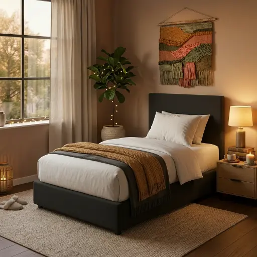 [QI-900 BL] QINA  SINGLE BED - OTTOMAN 90 X 200 CM - CAFR - BLACK 
